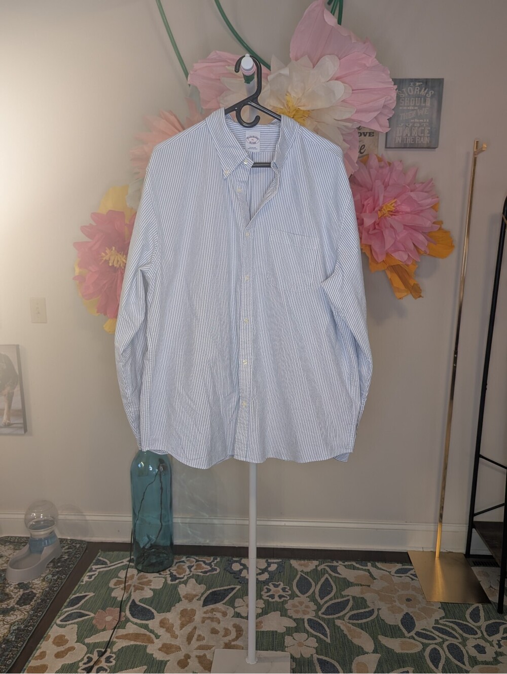 2107 - Brooks Brothers Men's XL Blue and White Striped Cotton Button-Down Shirt